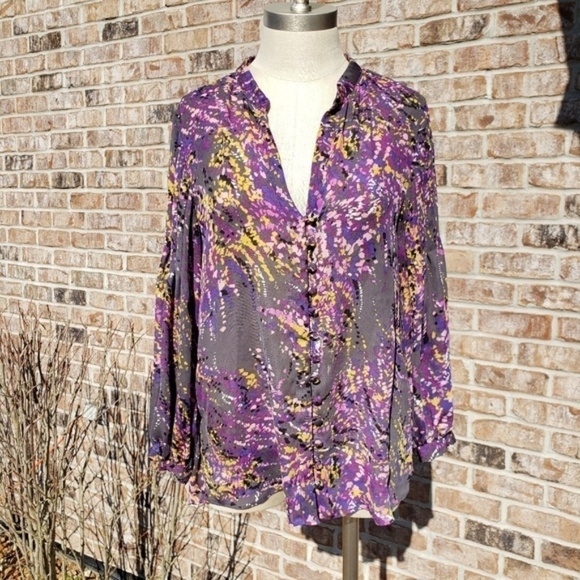 Parker Vibrant Pleated Button-Down Blouse Multi L - Picture 1 of 8